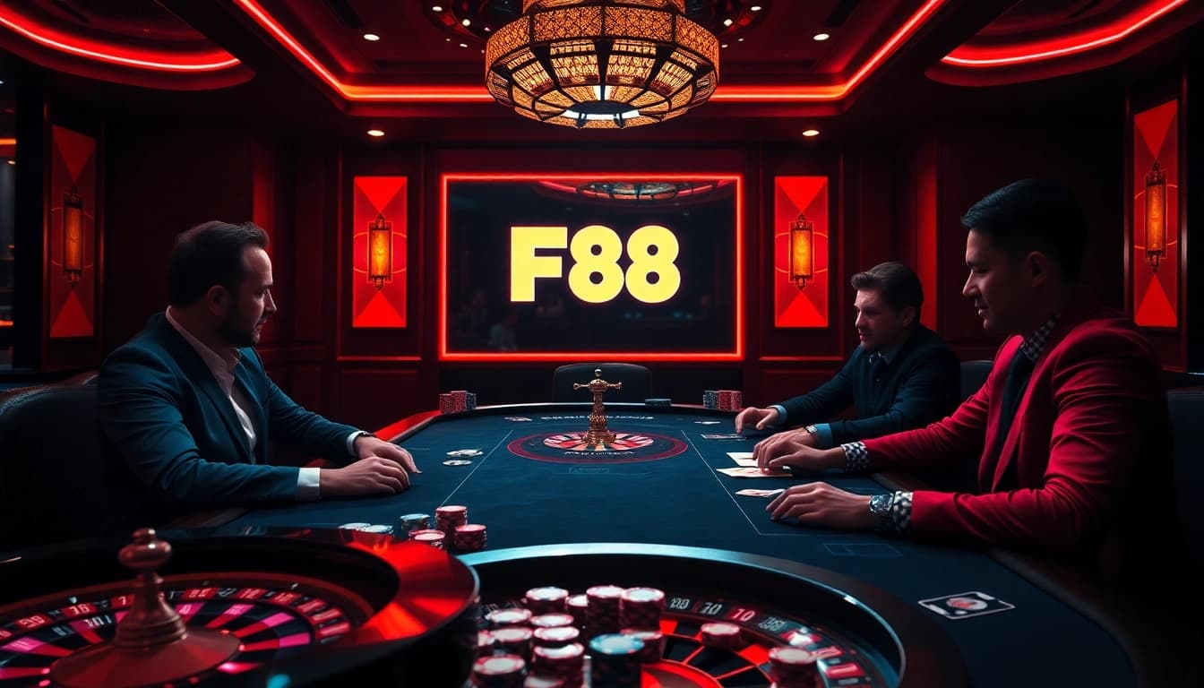 Players strategizing in a sophisticated poker game at FB88 casino.