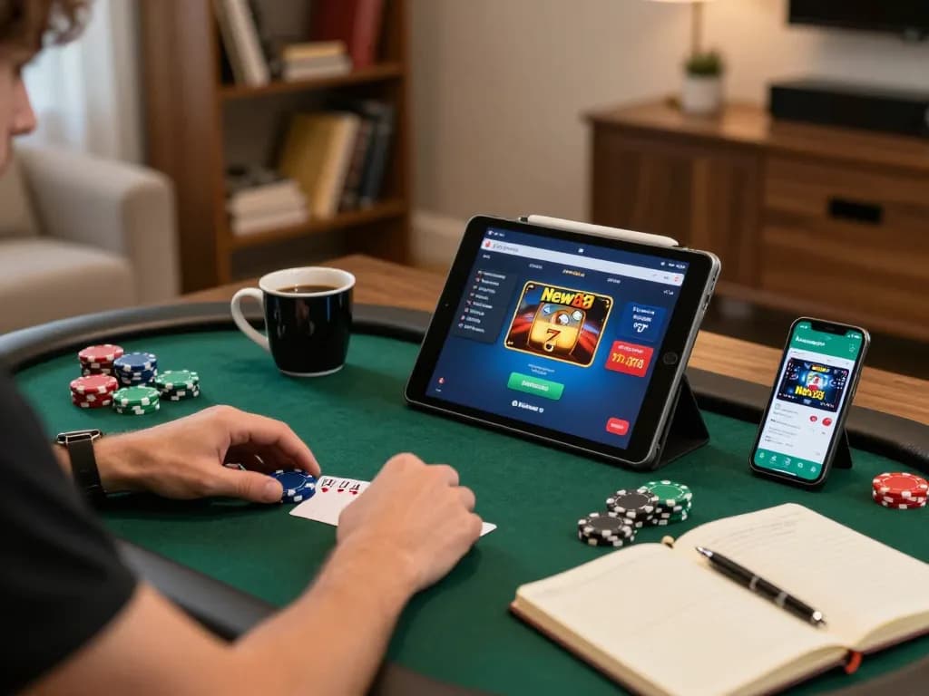 Player enjoying a thrilling poker moment on the New88 app, showcasing poker chips and strategy notes.
