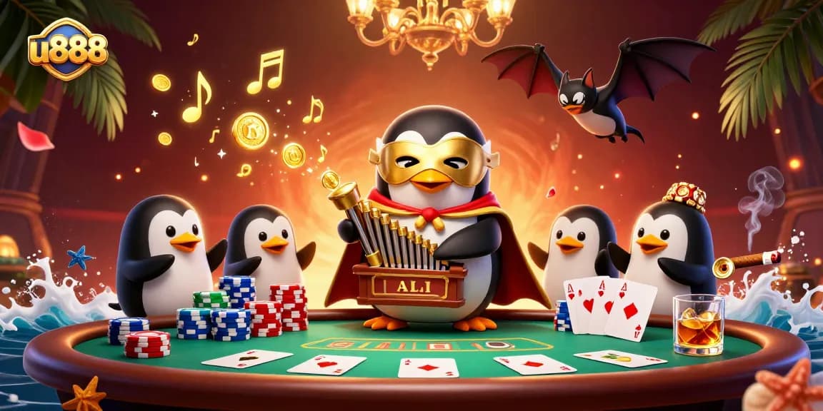 Join the excitement at u888 as a phantom penguin plays, surrounded by poker elements and casino delights.