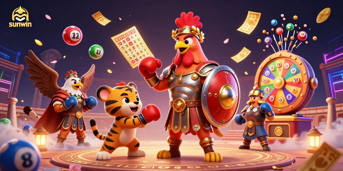 Engage in the action-packed world of sunwin with a vibrant scene featuring a gladiator rooster and lively game elements.