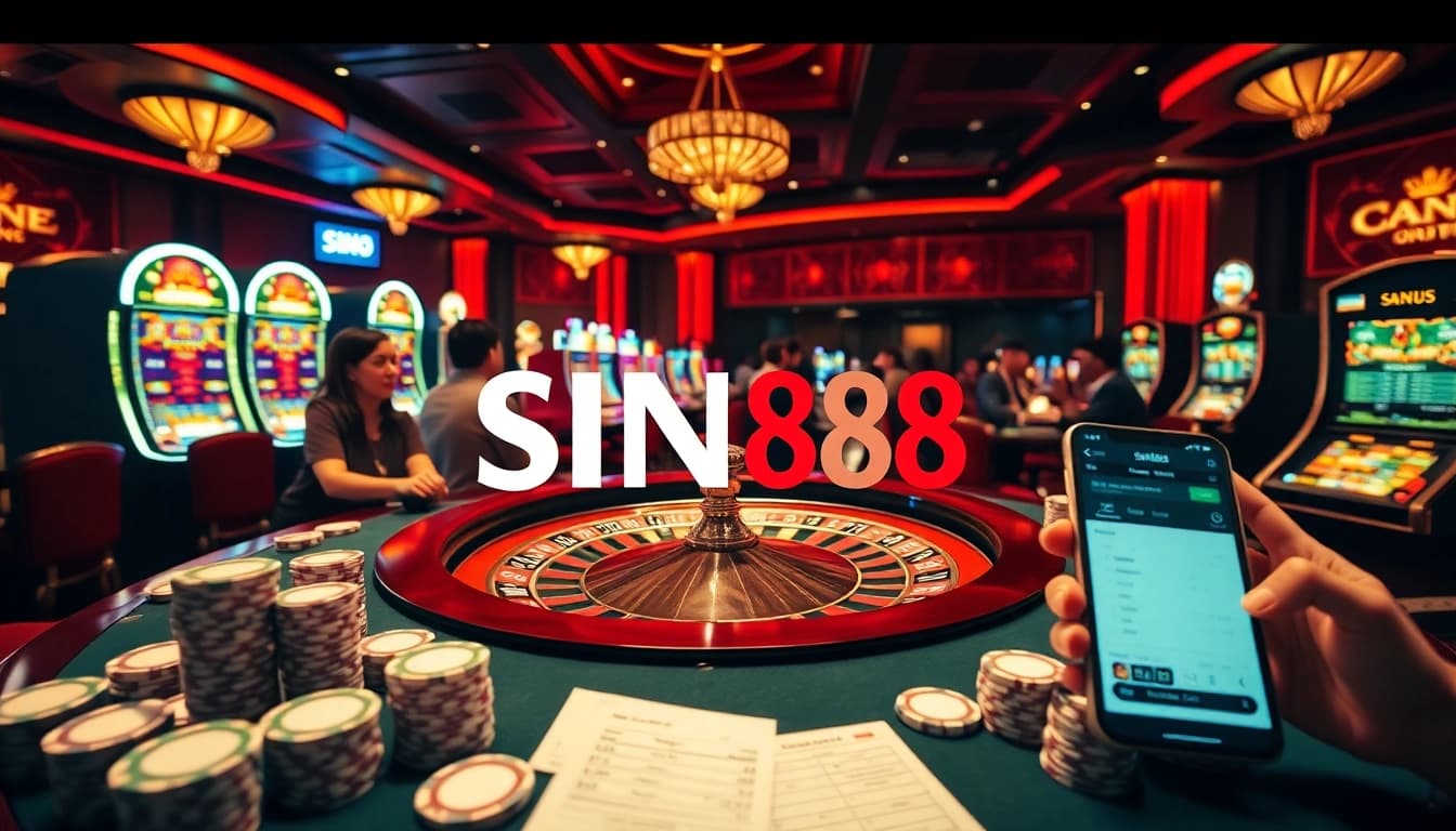 Players enjoying a thrilling game at a luxury casino featuring SIN88, with roulette, poker chips, and excitement all around.