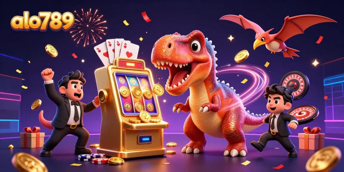 Alo789 features a vibrant scene with dinosaurs and gambling elements showcasing the excitement of online wagering.