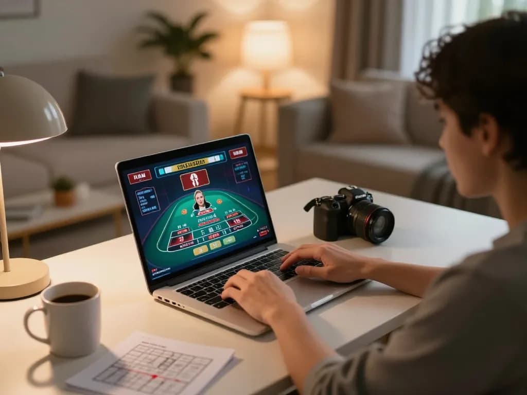 Login to Hi88 through a cozy online setup with laptop on desk showcasing casino gameplay