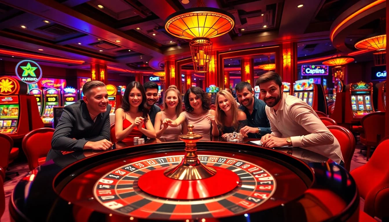 kuwin gamblers enjoying a lively casino atmosphere with roulette, poker chips, and excitement