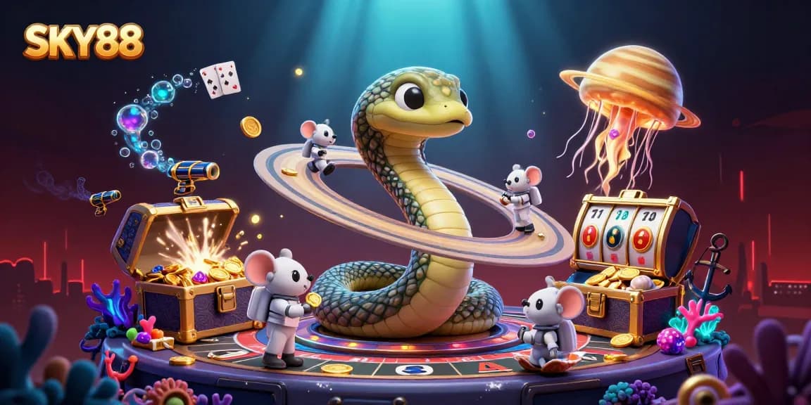 Engage in vibrant gaming action at SKY88 with 3D roulette and slot elements in a cosmic casino scene.