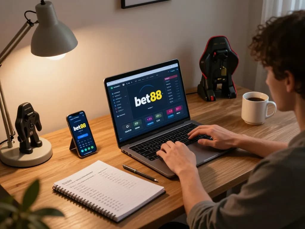 Engaged player enjoying bet88 online gaming setup on a sleek laptop within a cozy room.
