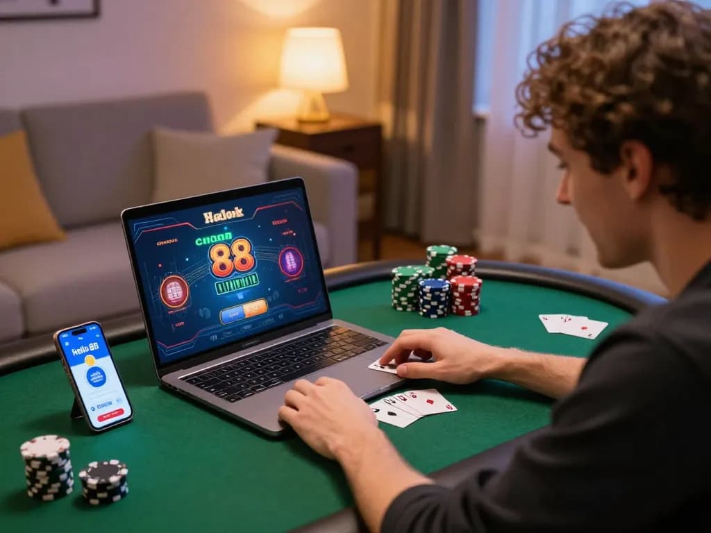 Experience exciting poker gameplay on hello 88 with a cozy gaming setup at home