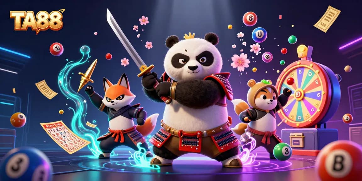 TA88 lottery excitement with 3D panda samurai and ninja fox in vibrant casino scene