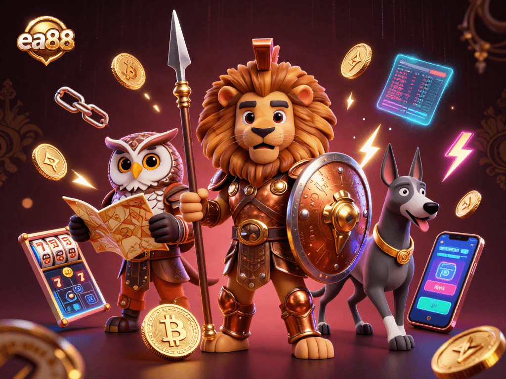 Experience thrilling gaming at ea88 with our dynamic 3D illustration of a Spartan lion, crypto coins, and slots.