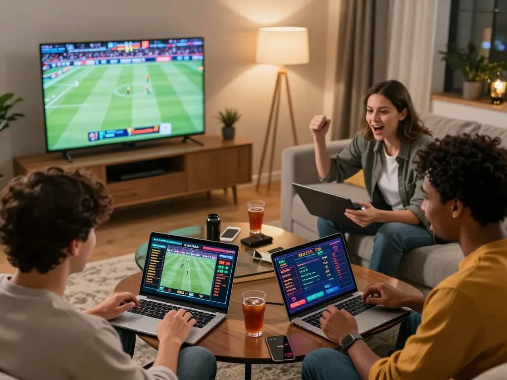 Friends enjoying online betting at home with vibrant sports displays on devices, embracing the excitement of bet789.