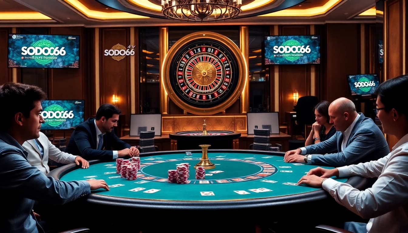 SODO66 players enjoying a thrilling game of poker with vibrant chips and cards.