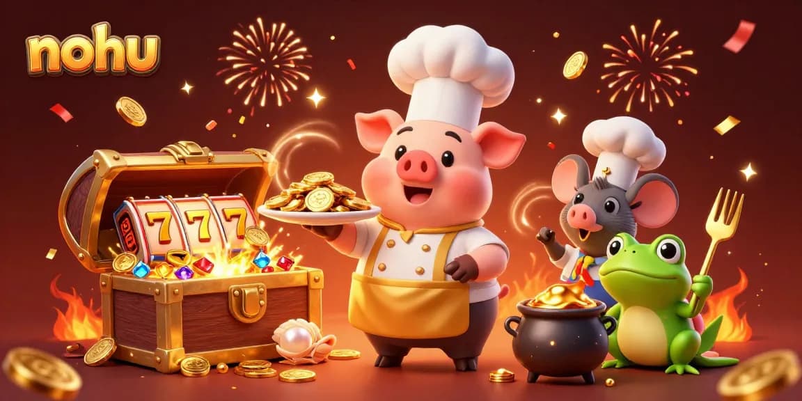 Engage in lively gameplay at NOHU Casino with a chef pig and friends celebrating jackpot wins