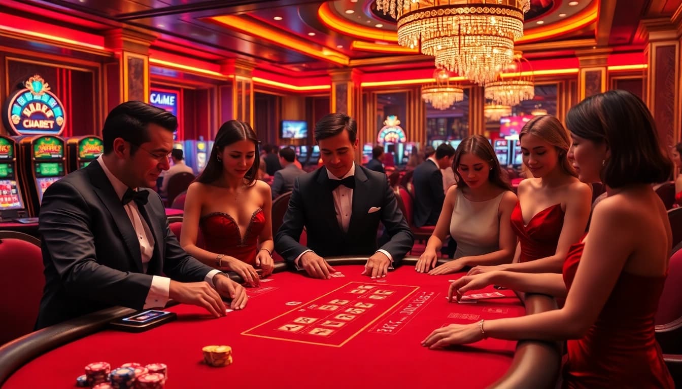 gg88 players enjoying a thrilling casino atmosphere with poker chips and roulette wheels.