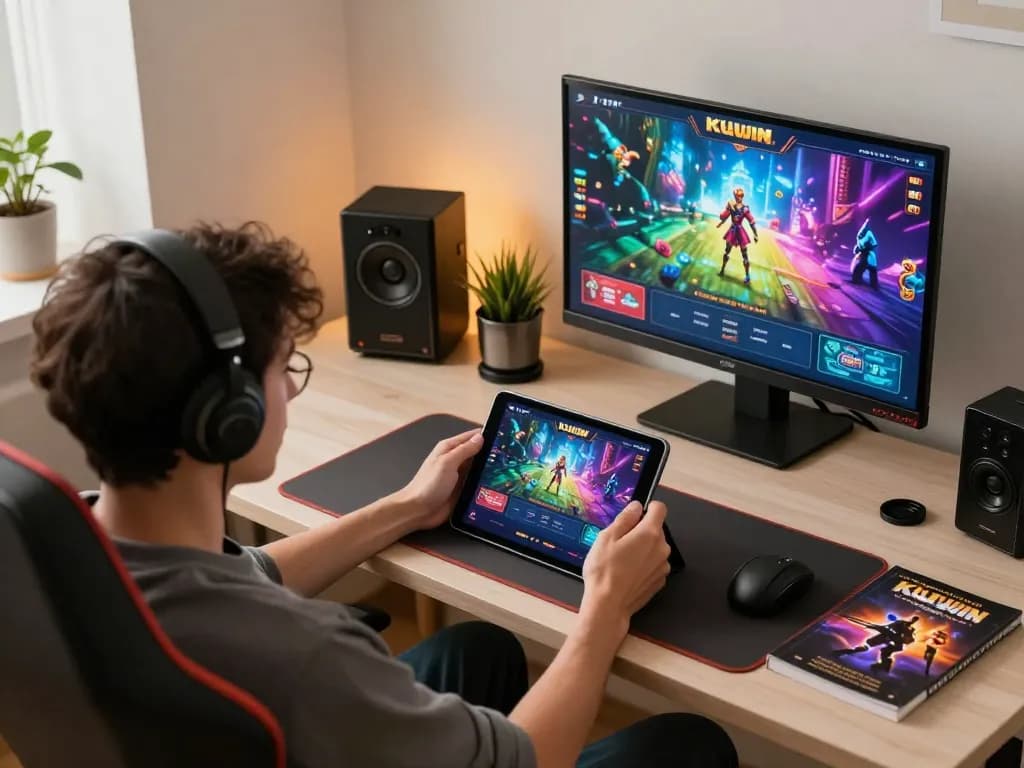 Kuwin player enjoying online slots on tablet in cozy home environment