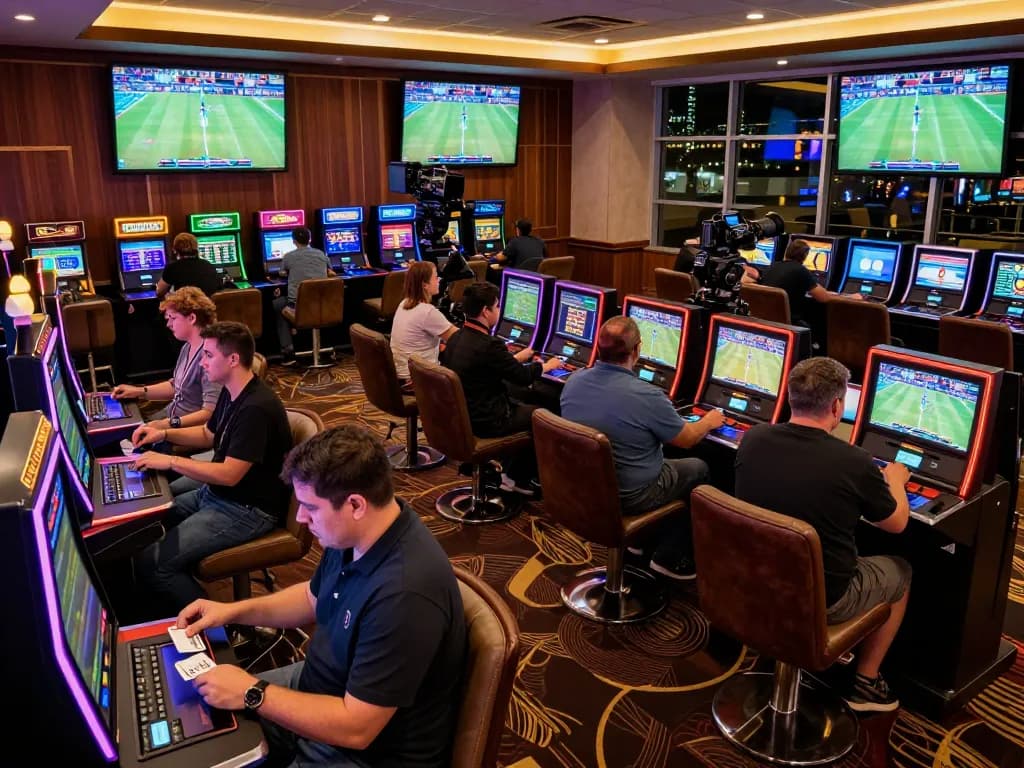 A diverse group of bettors engaged in sports betting at soibet, with mobile apps and screens in a vibrant casino atmosphere.