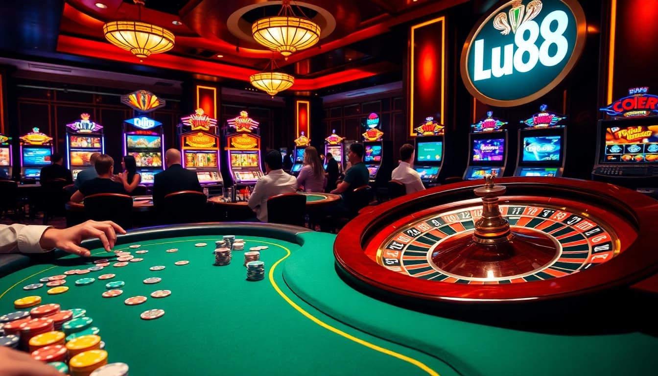 Experience the thrill of winning at Lu88's luxurious casino games with vibrant tables and slot machines.
