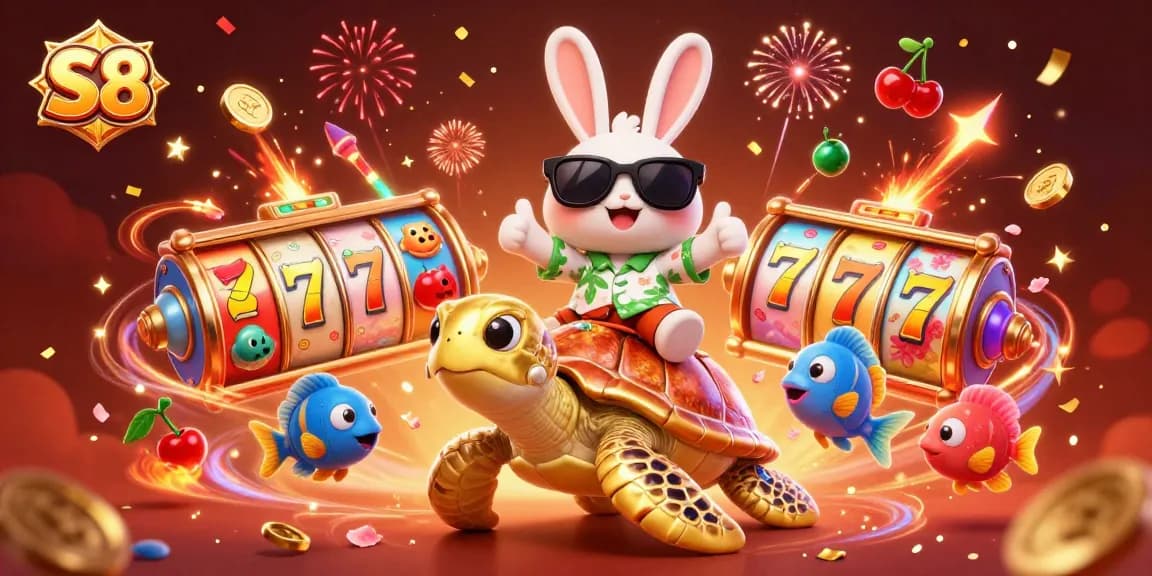 S8 players explore vibrant online casino slots in a festive 3D scene with lucky rabbit and sea turtle.