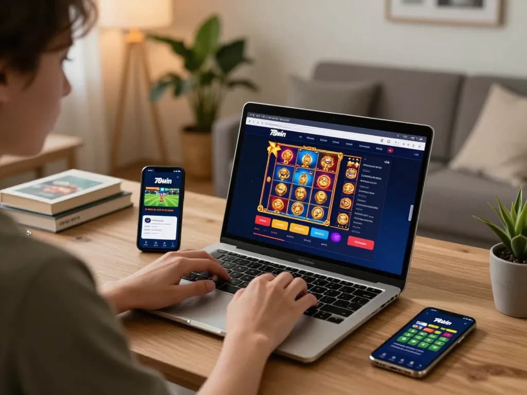 Player engaging with 78win casino app on laptop and smartphone in a cozy home setting.