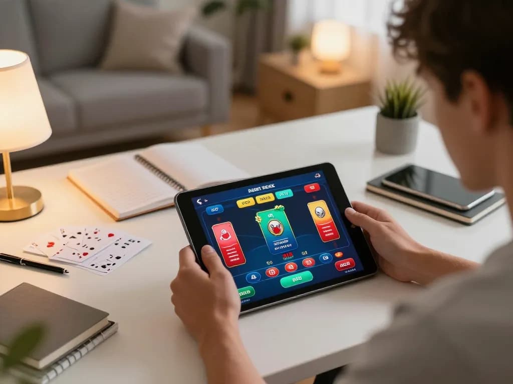 Dabet gaming experience at home, player engaging in poker on tablet with strategic notes.