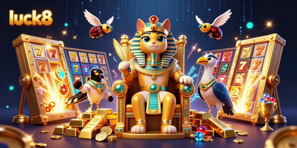 Play slot games with luck8 amidst a vibrant Pharaoh themed casino scene.