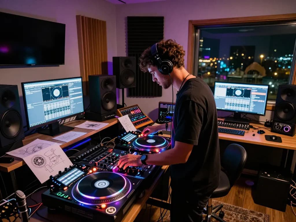 Dynamic scene of a DJ mixing in a contemporary music studio featuring LED lights, capturing the essence of 8Day music culture.