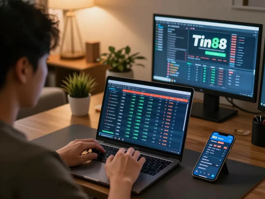 Engaged bettor analyzing odds on Tin88 platform at home, skilled in sports betting.