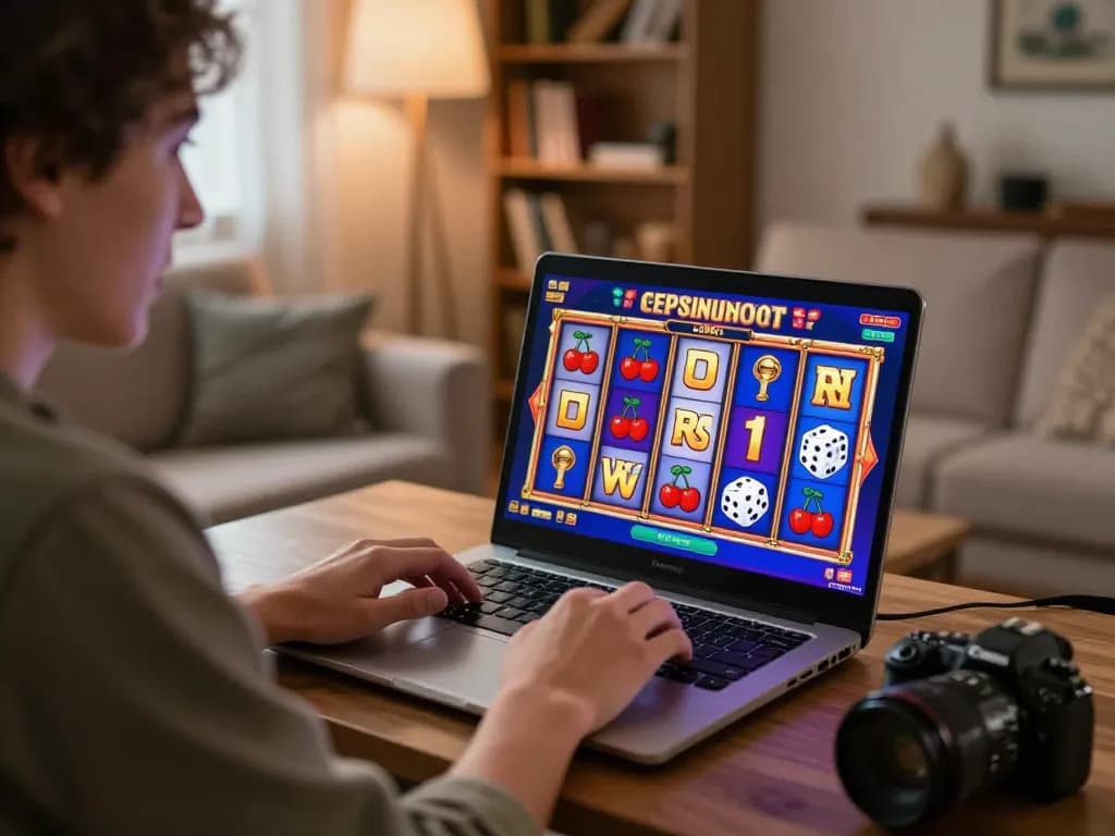 Engaging in slot88 resmi gameplay on a laptop in a cozy living room, featuring vibrant game visuals and enthusiastic player.