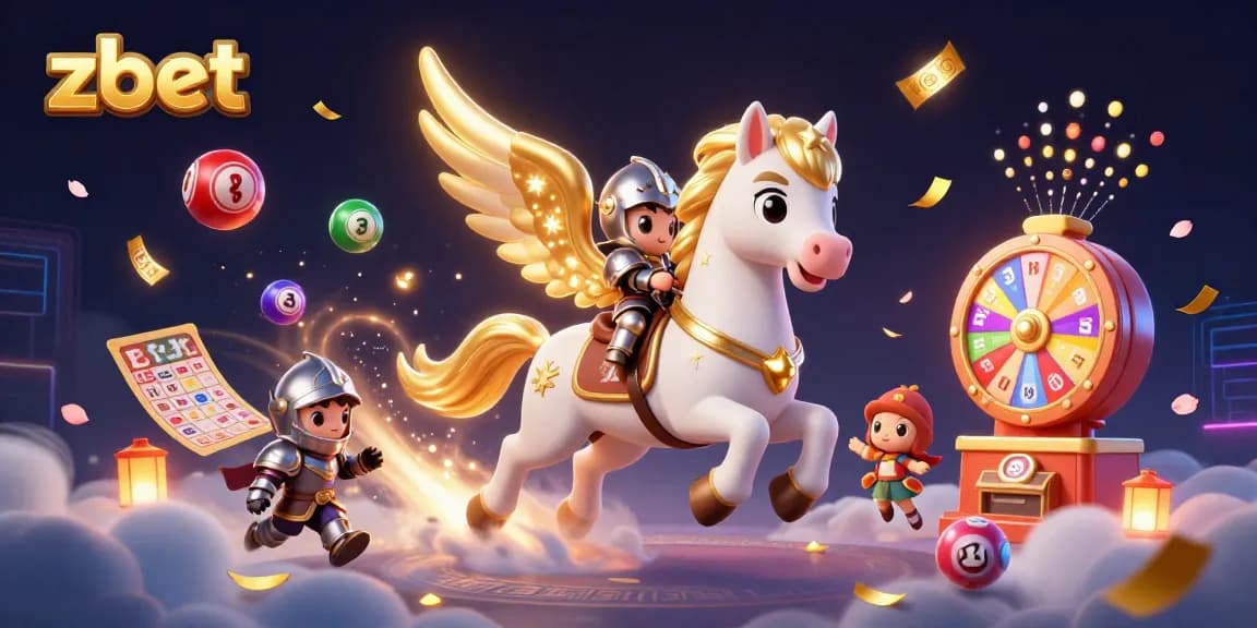 Zbet offers exciting lottery gameplay with vibrant visuals and dynamic elements in a 3D illustration.