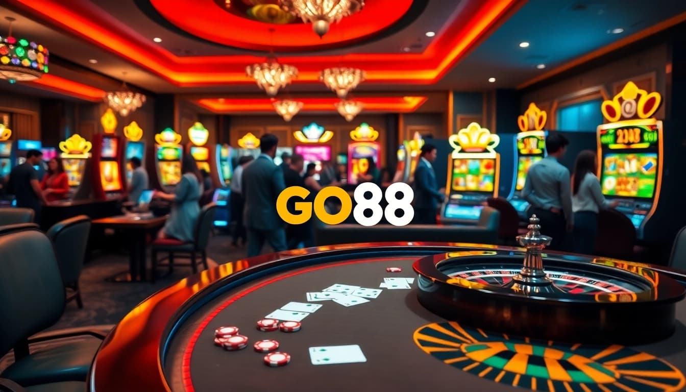 Players enjoying a vibrant casino scene with GO88 gambling elements, showcasing poker chips and casino tables.