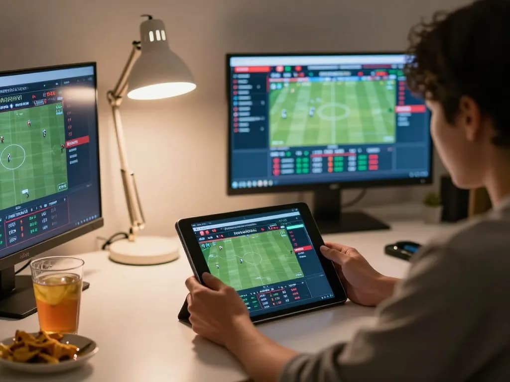 Engaging with ผลบอลวันนี้ through a sports betting app on a tablet at home, showcasing dynamic sports gambling.