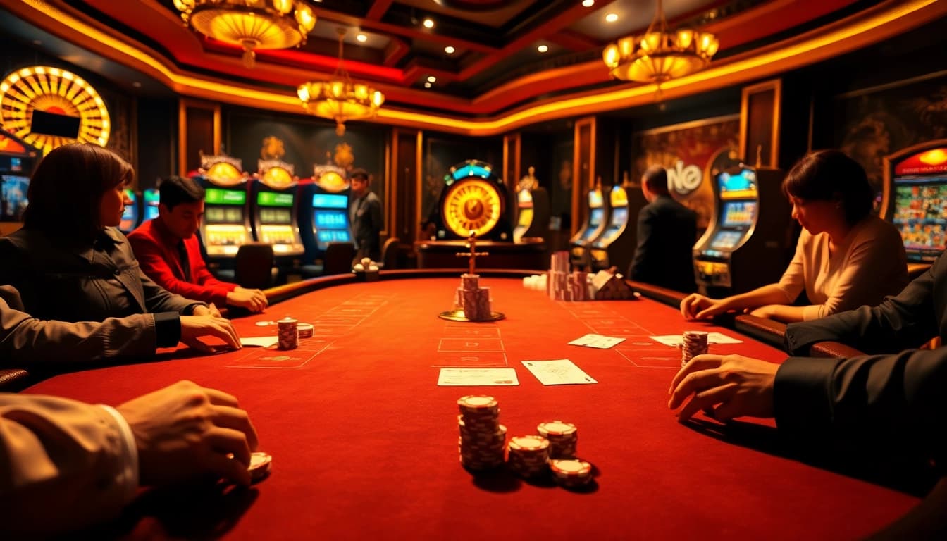 High-stakes gaming action at https://cm88.autos/ showcasing luxurious casino ambiance with poker chips and roulette.