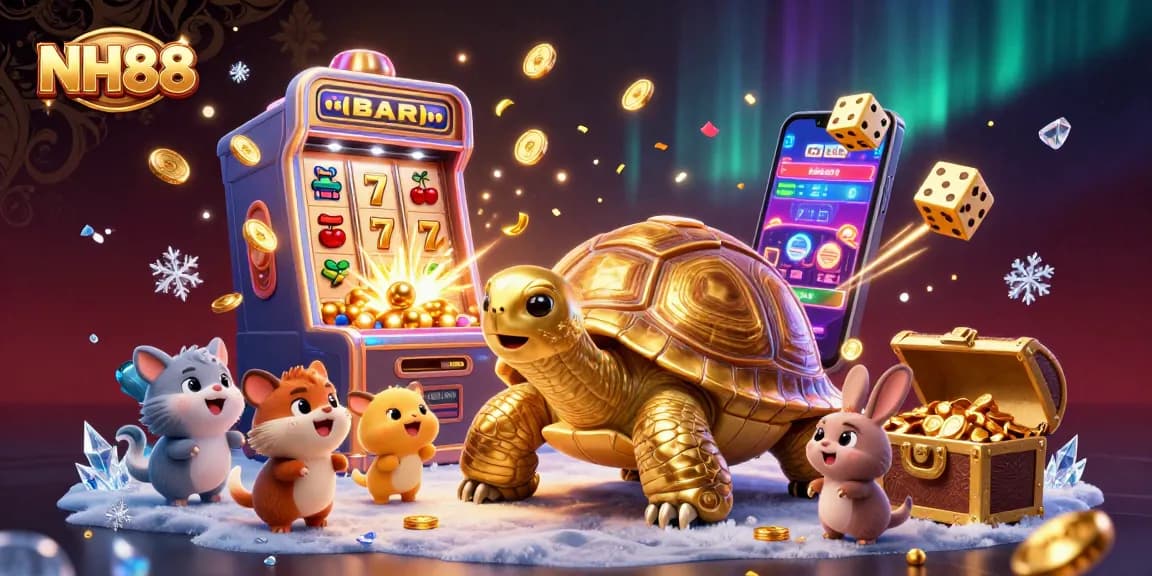 Engaging NH88 casino scene with golden tortoise pinball machine and vibrant slot elements.
