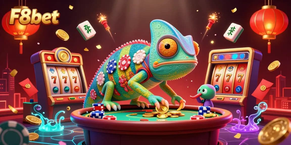 Engage with F8bet's vibrant casino scene featuring a chameleon owner amid spinning slot reels and festive elements.