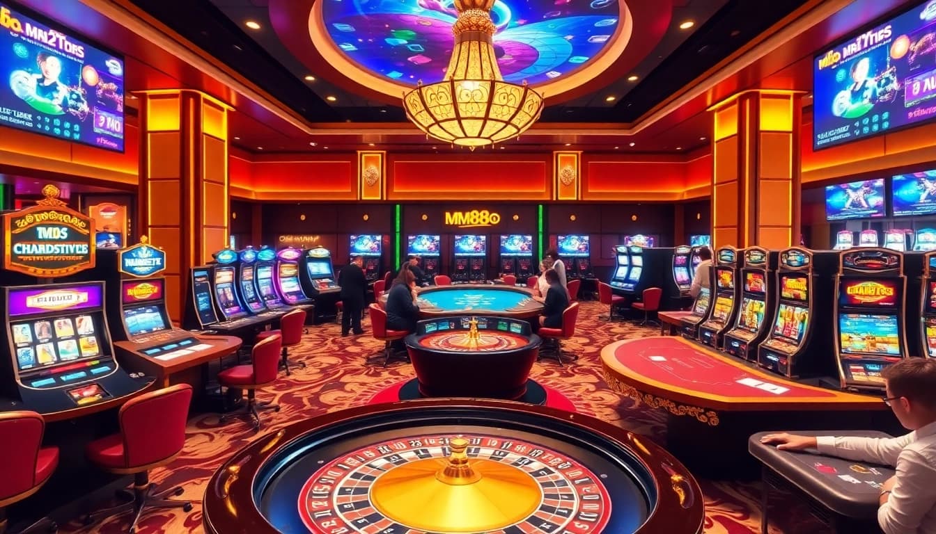 A vibrant casino scene showcasing exciting gameplay on mm88 com's roulette and slot machines.