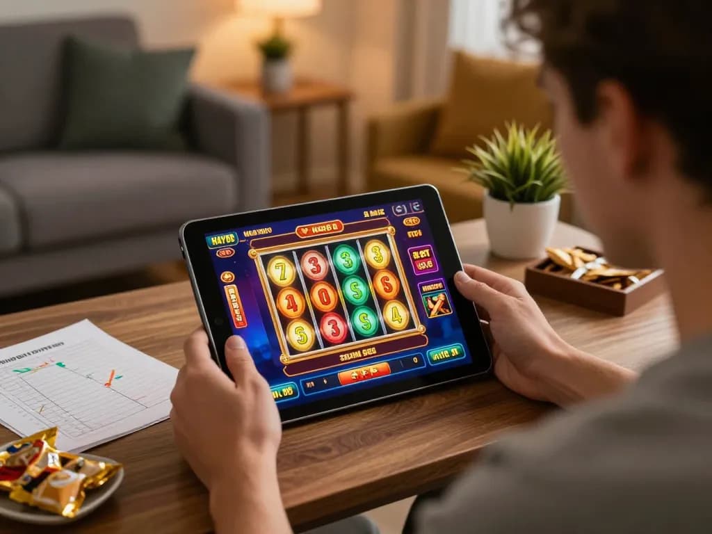 Player enjoying HAY88x online slots in a cozy home office, showcasing gaming excitement and strategy.