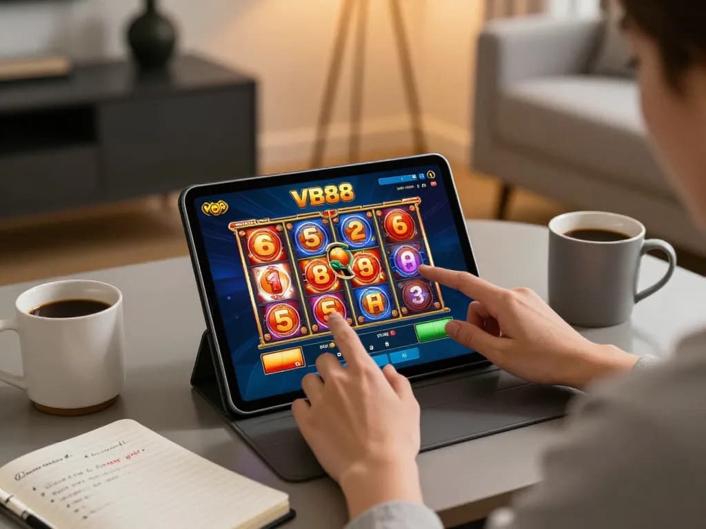 Play VB88 online slots on a tablet in a cozy home setting, showcasing engaging gameplay.