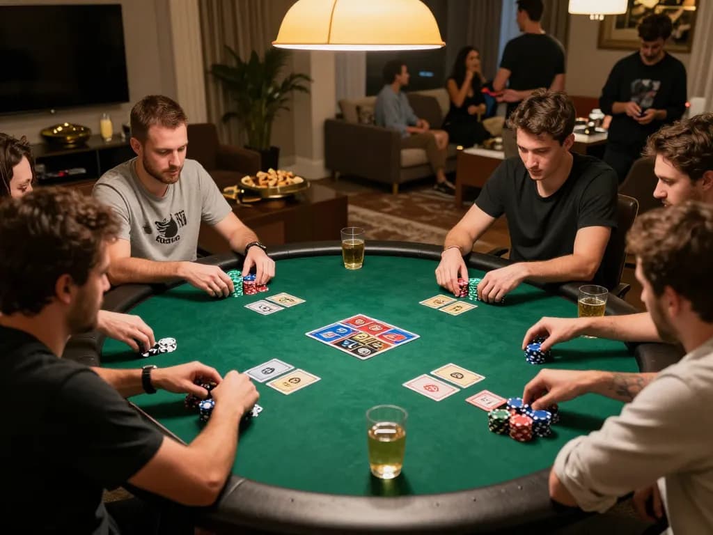 Players strategizing at a friendly poker game, showcasing BL555 high-stakes atmosphere with colorful chips and cards.