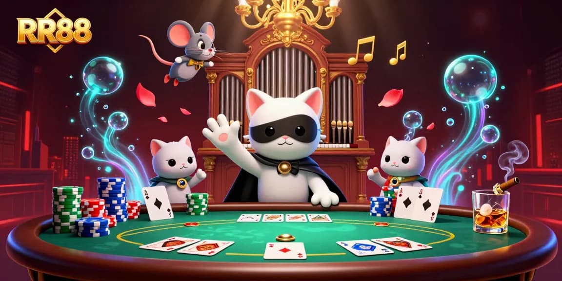 Experience RR88's vibrant online casino world with a whimsical scene featuring a phantom cat and mouse acrobat.