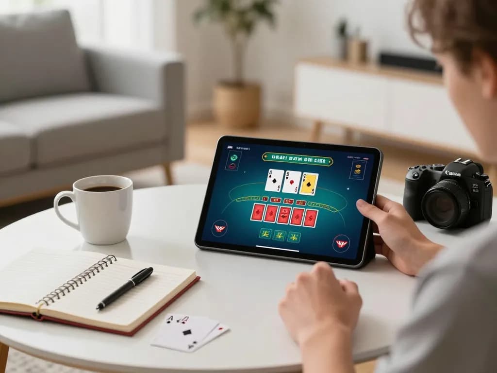 Hello88 user enjoying live blackjack game on tablet in cozy home setting, emphasizing strategic engagement.