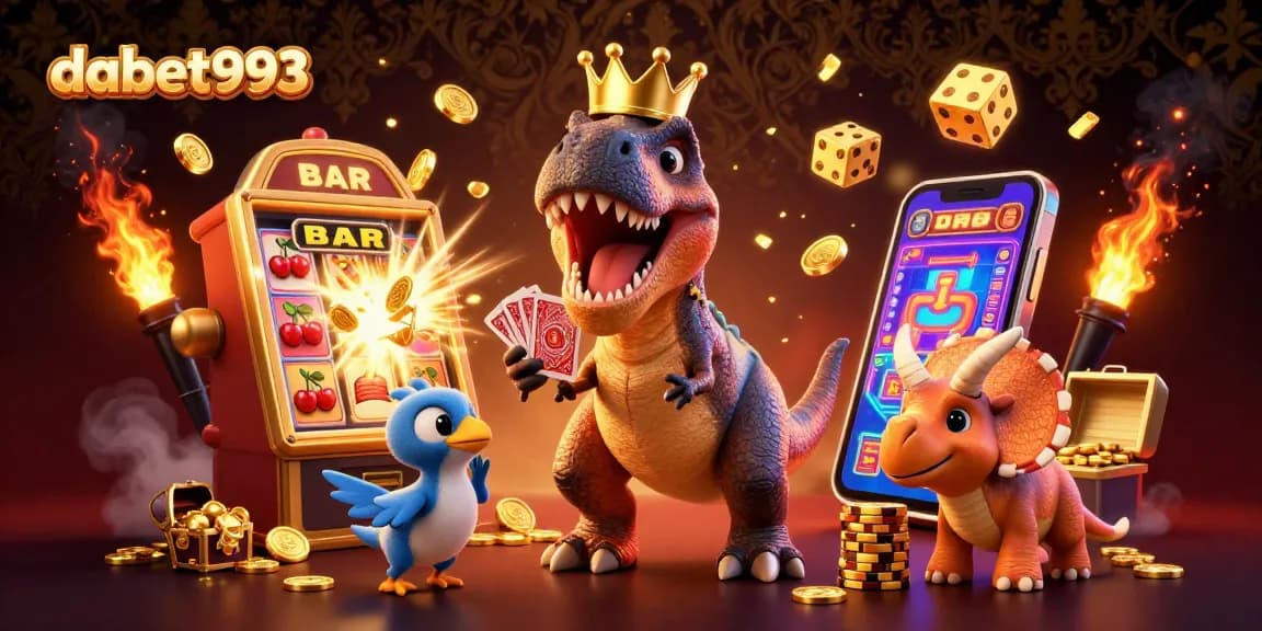 Experience dabet993 with a T-Rex shuffling cards and casino fun bursting with gold coins and jackpots.