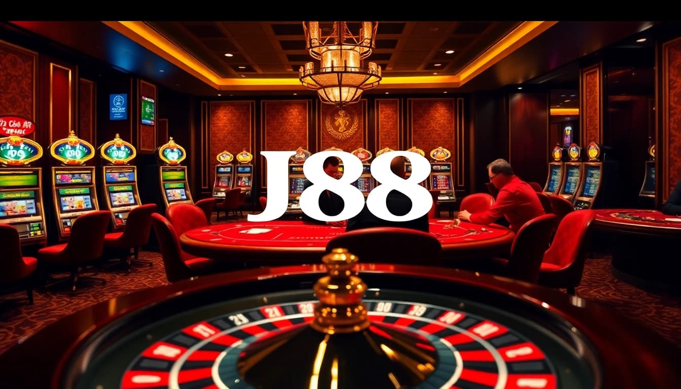 Experience excitement at J88 casino, showcasing intense poker play and elegant slot machines.