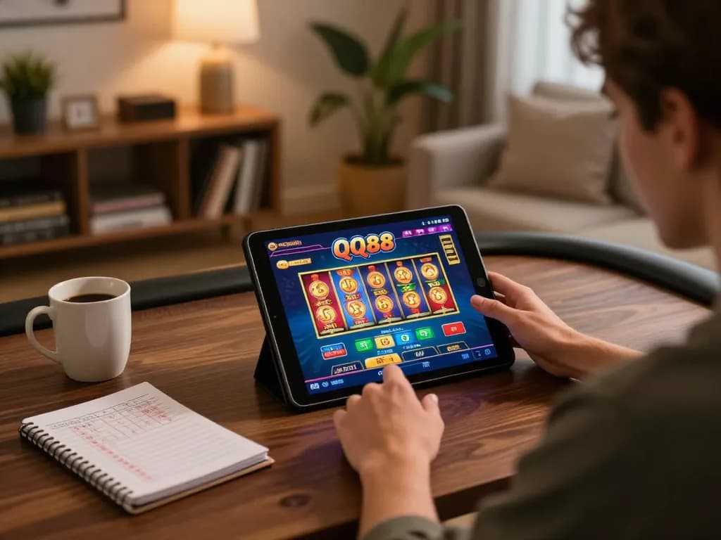 Engaging user enjoying the QQ88 online casino experience on tablet, illustrating modern gambling strategy.