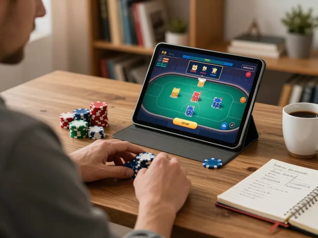 NK88 online poker session with player placing bets and managing bankroll at home