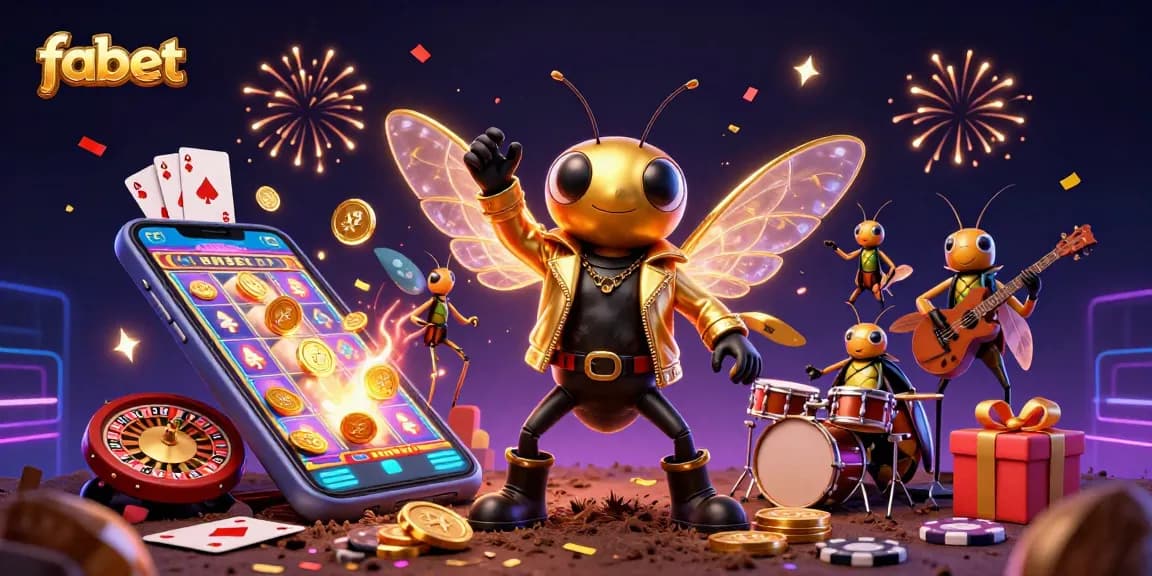 Experience fabet's thrilling gaming atmosphere with a cartoon rock star and slots action.