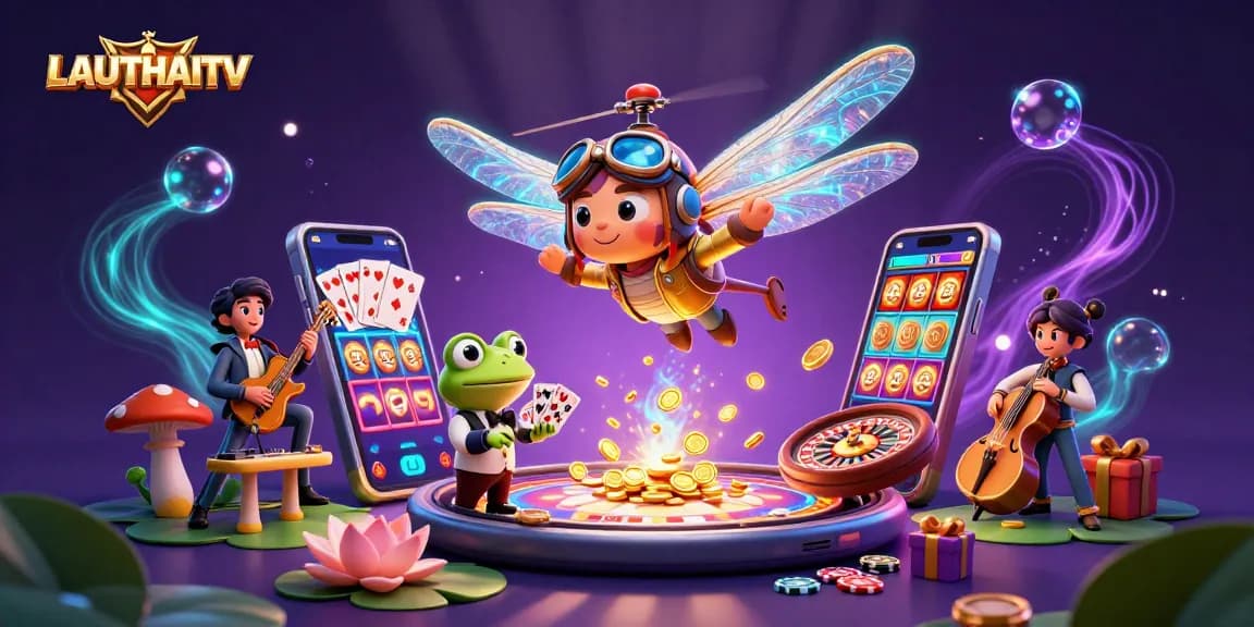 Experience the thrill of gaming action at LAUTHAITV with vibrant casino elements and lively characters.