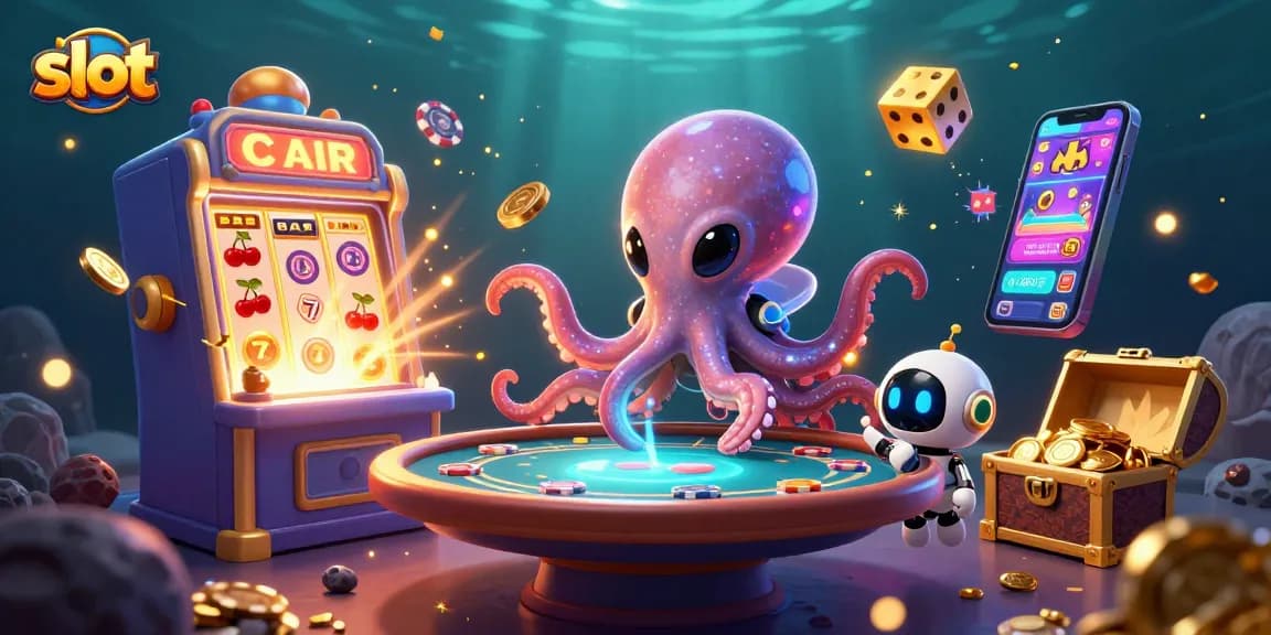 Experience thrilling slot action with an alien octopus at a holographic poker table, bursting with excitement.