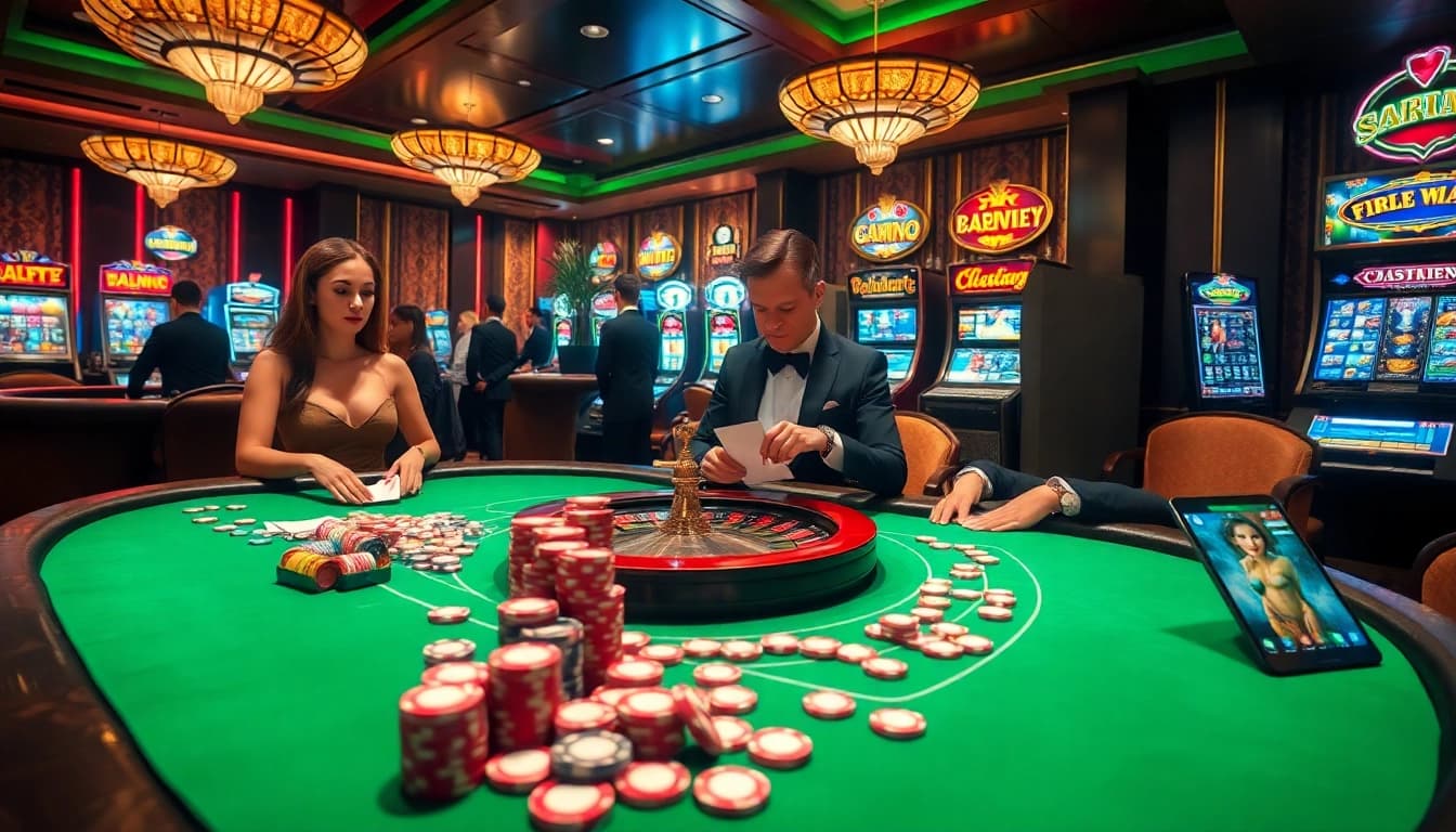 High-stakes poker players strategizing at a luxurious casino table inspired by fun88.social.