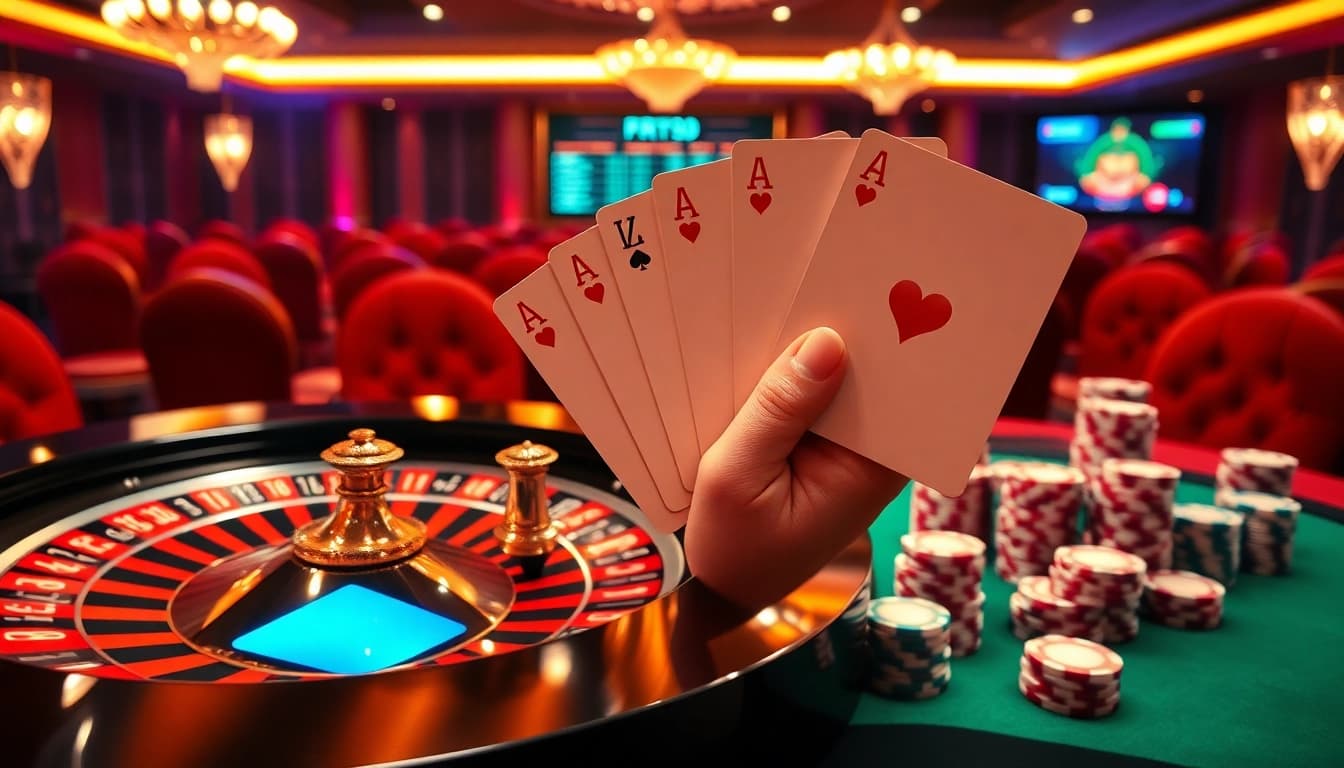 Experience thrilling gaming with RR99 poker chips and roulette in an exquisite casino environment.