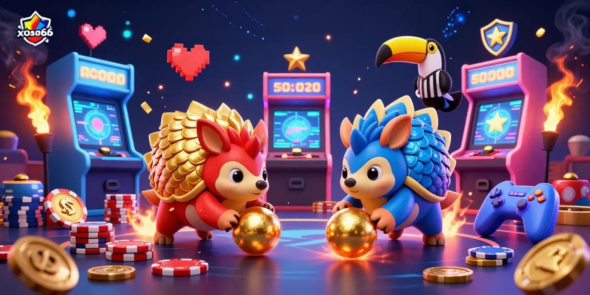 xoso66 pangolins playing and rolling through poker chips in a vibrant arcade setting.