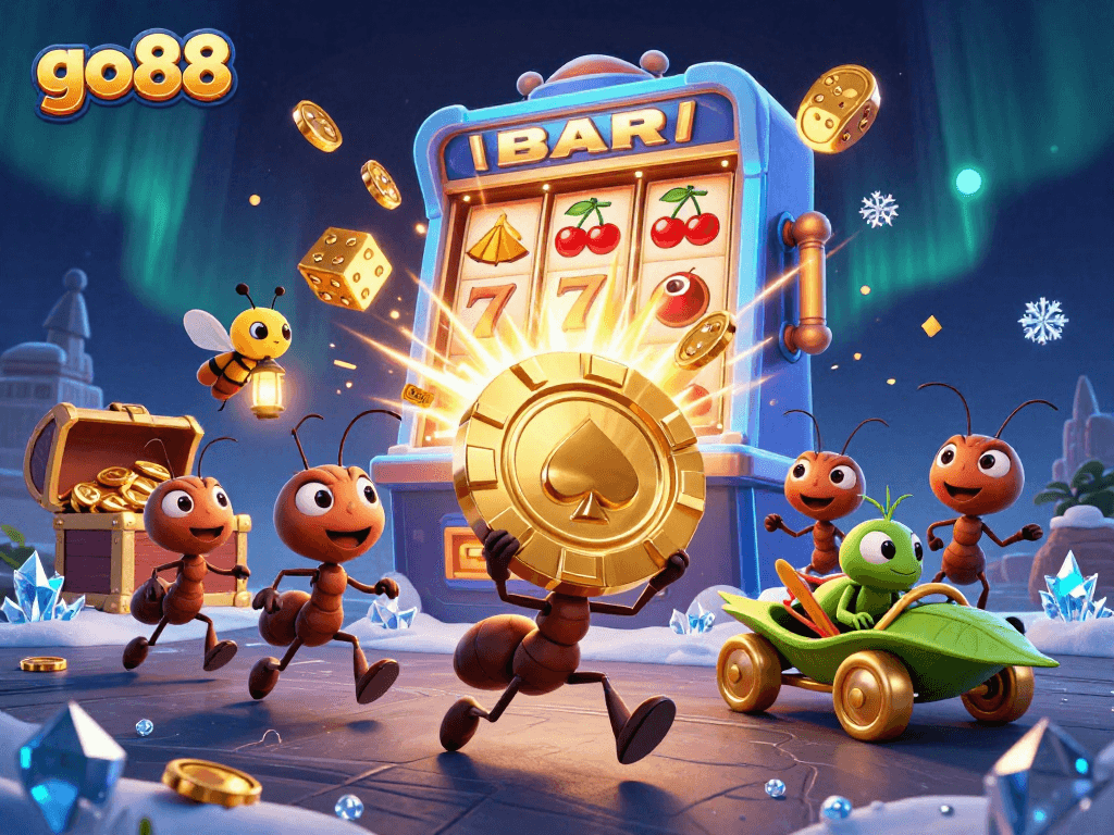 Experience the excitement of go88 with a colorful 3D casino adventure featuring animated ants and a jackpot!